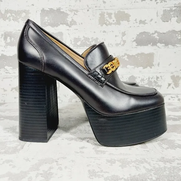 New SAM EDELMAN Rowe Platform Black Faux Leather Heeled Loafers D934