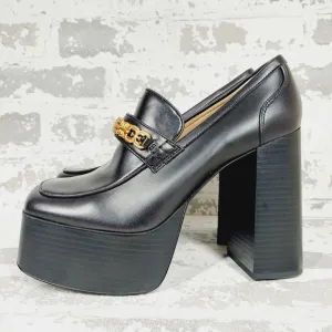 New SAM EDELMAN Rowe Platform Black Faux Leather Heeled Loafers D934