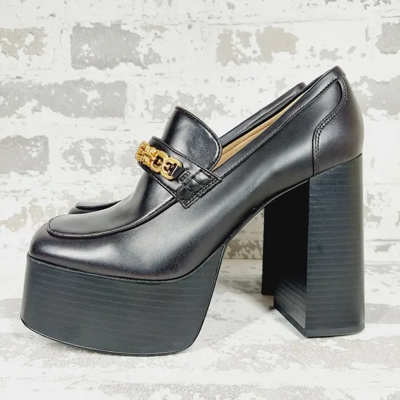 New SAM EDELMAN Rowe Platform Black Faux Leather Heeled Loafers D934