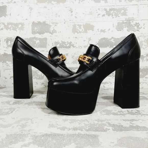 New SAM EDELMAN Rowe Platform Black Faux Leather Heeled Loafers D934