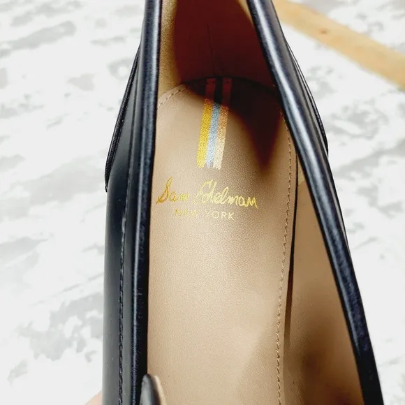 New SAM EDELMAN Rowe Platform Black Faux Leather Heeled Loafers D934