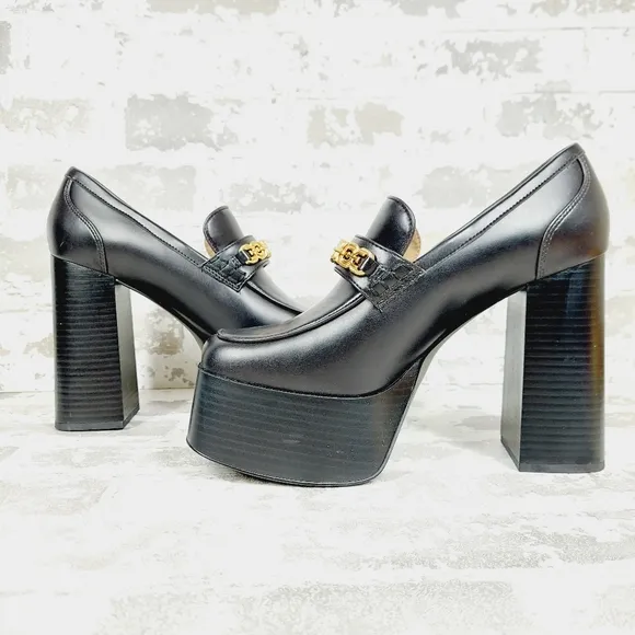 New SAM EDELMAN Rowe Platform Black Faux Leather Heeled Loafers i 622