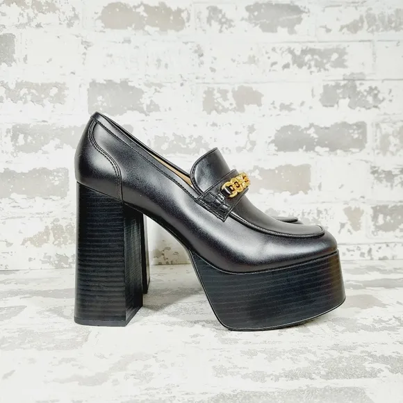 New SAM EDELMAN Rowe Platform Black Faux Leather Heeled Loafers i 622