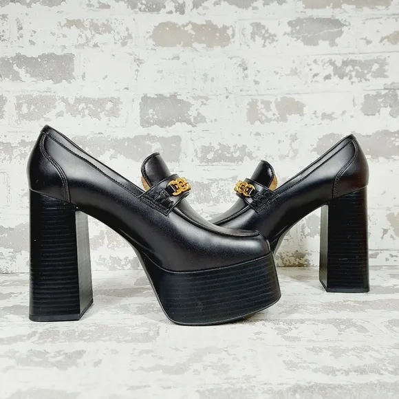 New SAM EDELMAN Rowe Platform Black Faux Leather Heeled Loafers i 622