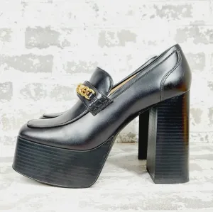 New SAM EDELMAN Rowe Platform Black Faux Leather Heeled Loafers i 622