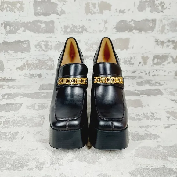 New SAM EDELMAN Rowe Platform Black Faux Leather Heeled Loafers i 622