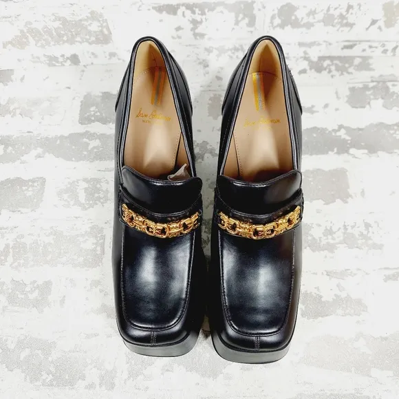 New SAM EDELMAN Rowe Platform Black Faux Leather Heeled Loafers i 622