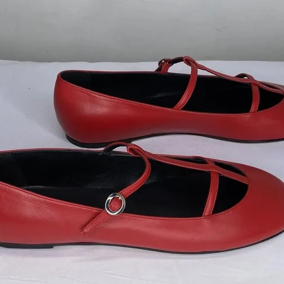 NEW SCAROSSO Women’s Linda Ballerina Flats Red Size 12 T-Strap Round Toe Italian