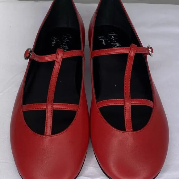 NEW SCAROSSO Women’s Linda Ballerina Flats Red Size 12 T-Strap Round Toe Italian