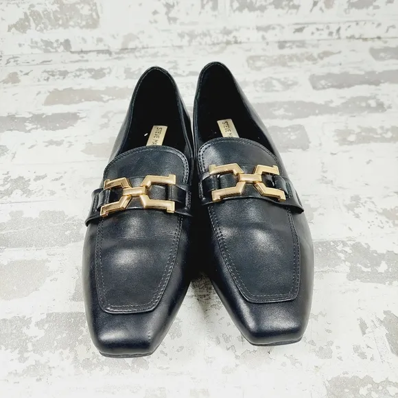 New Steve Madden Ryann Black Leather Square Toe Slip On Loafers i523