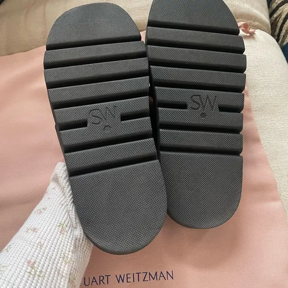 New Stuart Weitzman Elodie Black Leather Slides Sandals Criss Cross- 8