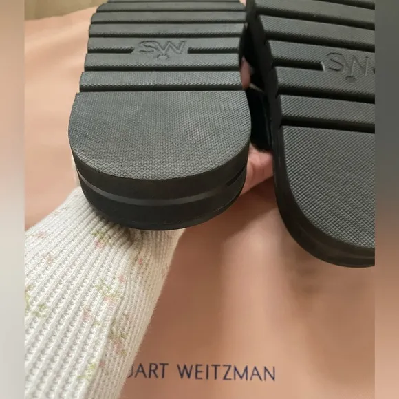 New Stuart Weitzman Elodie Black Leather Slides Sandals Criss Cross- 8