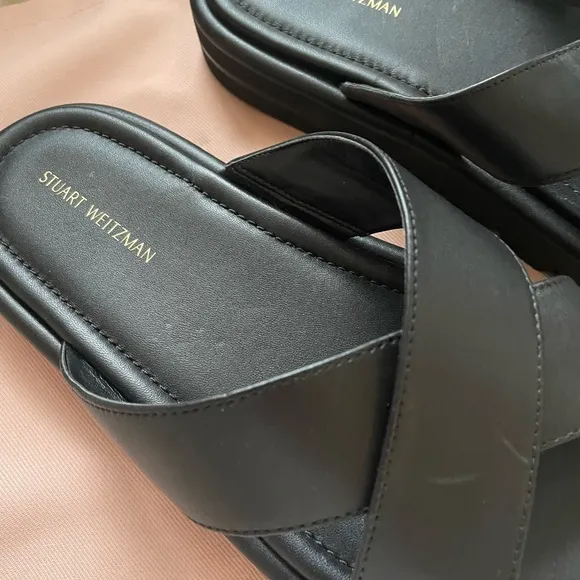 New Stuart Weitzman Elodie Black Leather Slides Sandals Criss Cross- 8