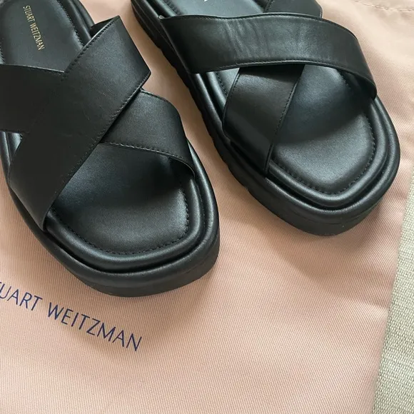 New Stuart Weitzman Elodie Black Leather Slides Sandals Criss Cross- 8