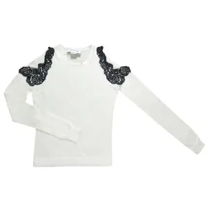 NEW YIGAL AZROUEL women off shoulder lace trim pullover sweater in ivory