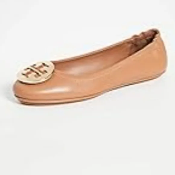 NEW!Tory Burch Tan Leather Flats with Gold TB Logo Minnie travel ballet size 7.5