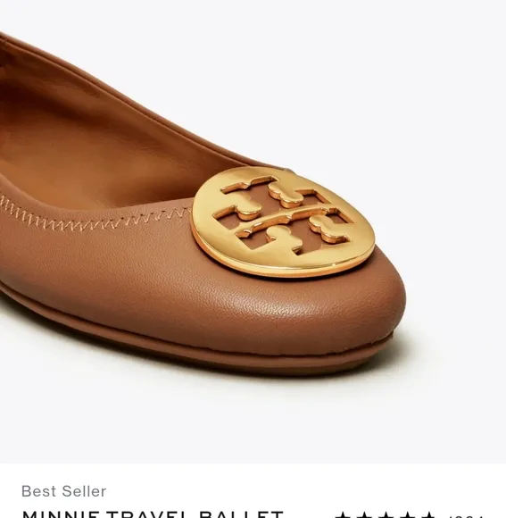 NEW!Tory Burch Tan Leather Flats with Gold TB Logo Minnie travel ballet size 7.5