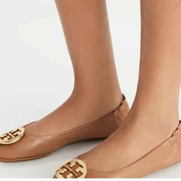 NEW!Tory Burch Tan Leather Flats with Gold TB Logo Minnie travel ballet size 7.5