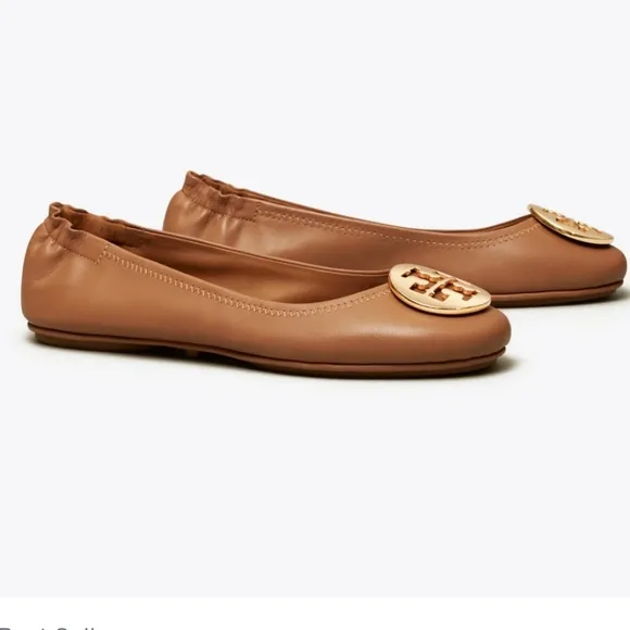 NEW!Tory Burch Tan Leather Flats with Gold TB Logo Minnie travel ballet size 7.5