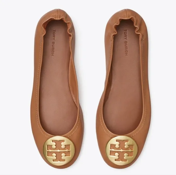 NEW!Tory Burch Tan Leather Flats with Gold TB Logo Minnie travel ballet size 7.5