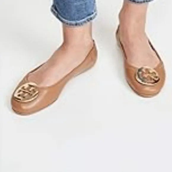 NEW!Tory Burch Tan Leather Flats with Gold TB Logo Minnie travel ballet size 7.5
