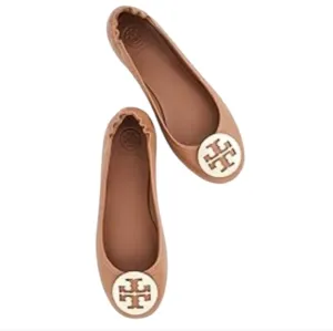 NEW!Tory Burch Tan Leather Flats with Gold TB Logo Minnie travel ballet size 7.5