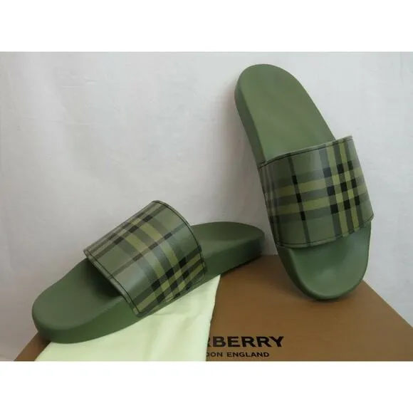 NIB BURBERRY FURLEY GREEN RUBBER CHECK LETTERING LOGO SANDAL SLIDES EUR 41 US 8