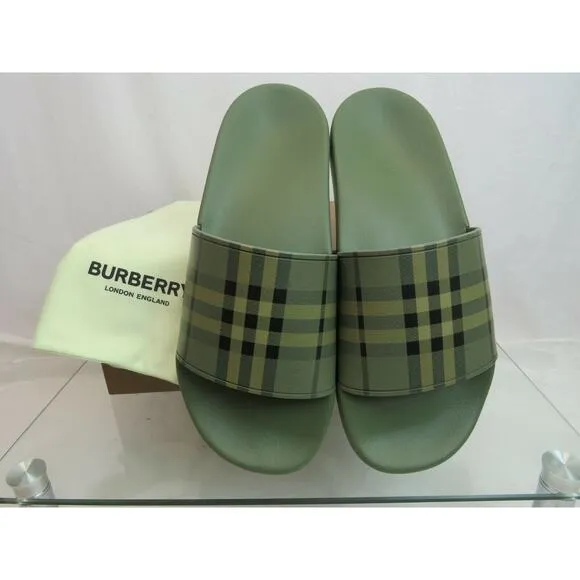 NIB BURBERRY FURLEY GREEN RUBBER CHECK LETTERING LOGO SANDAL SLIDES EUR 41 US 8