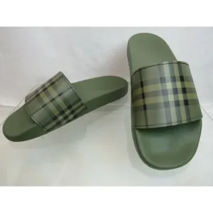 NIB BURBERRY FURLEY GREEN RUBBER CHECK LETTERING LOGO SANDAL SLIDES EUR 41 US 8