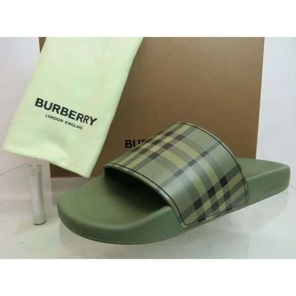 NIB BURBERRY FURLEY GREEN RUBBER CHECK LETTERING LOGO SANDAL SLIDES EUR 41 US 8