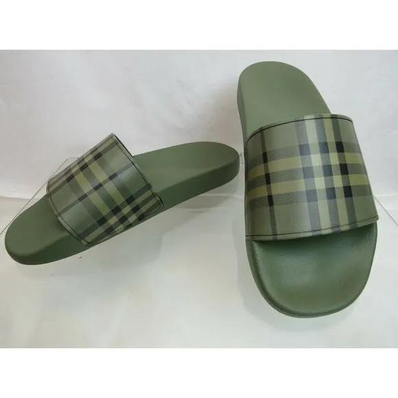 NIB BURBERRY FURLEY GREEN RUBBER CHECK LETTERING LOGO SANDAL SLIDES EUR 41 US 8