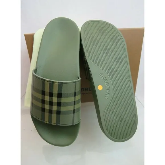 NIB BURBERRY FURLEY GREEN RUBBER CHECK LETTERING LOGO SANDAL SLIDES EUR 41 US 8