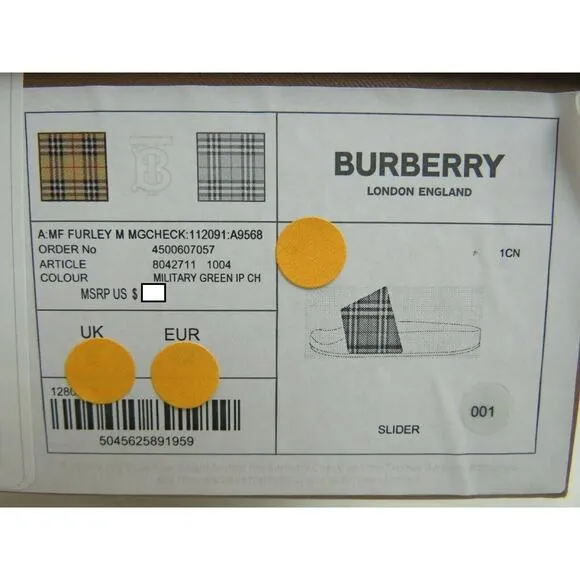 NIB BURBERRY FURLEY GREEN RUBBER CHECK LETTERING LOGO SANDAL SLIDES EUR 41 US 8