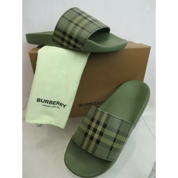 NIB BURBERRY FURLEY GREEN RUBBER CHECK LETTERING LOGO SANDAL SLIDES EUR 41 US 8