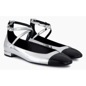 NIB Stuart Weitzman Silver and Black Leather Eden Cross Strap Ballet Flats US 8