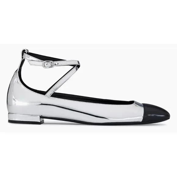 NIB Stuart Weitzman Silver and Black Leather Eden Cross Strap Ballet Flats US 8