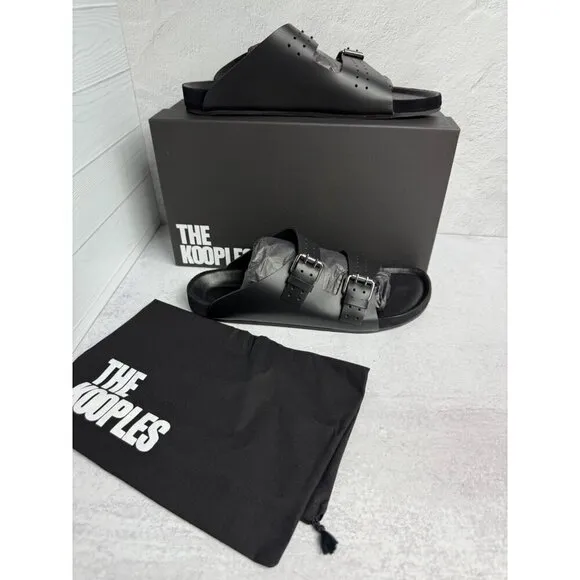 NIB THE KOOPLES MEN’S BLACK LEATHER SANDALS Double Strap, Slides, FR 44/US 10