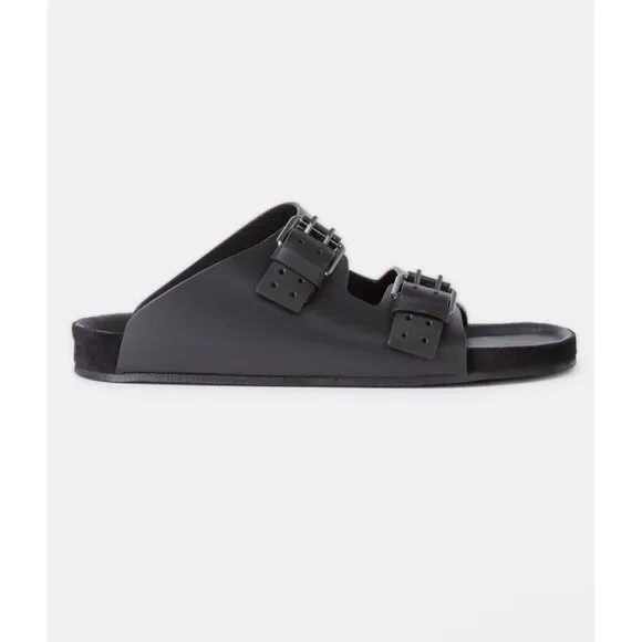NIB THE KOOPLES MEN’S BLACK LEATHER SANDALS Double Strap, Slides, FR 44/US 10