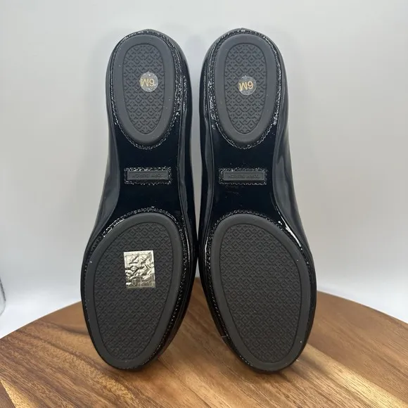 NIB Tory Burch Minnie Travel Ballet Flats Black Patent Leather Logo Women's 6M