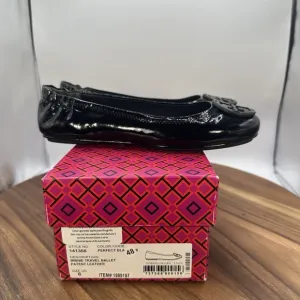 NIB Tory Burch Minnie Travel Ballet Flats Black Patent Leather Logo Women's 6M