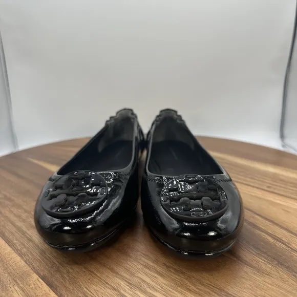NIB Tory Burch Minnie Travel Ballet Flats Black Patent Leather Logo Women's 6M