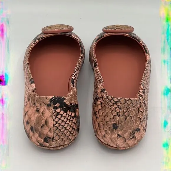 NIB Tory Burch Pink Minnie Travel Snake Print Leather Reva Ballet Flats Size 6.5