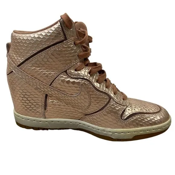 Nike Sky Hi Dunk Wedge High Top Sneakers Lace Up Snake Metallic Rose Gold Size 6