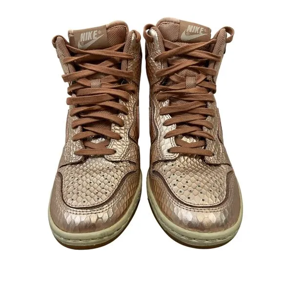 Nike Sky Hi Dunk Wedge High Top Sneakers Lace Up Snake Metallic Rose Gold Size 6