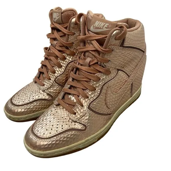 Nike Sky Hi Dunk Wedge High Top Sneakers Lace Up Snake Metallic Rose Gold Size 6