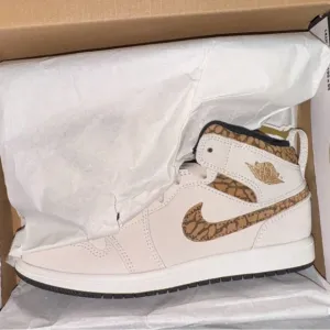 Nike White and Brown Air Jordan 1 Sneakers