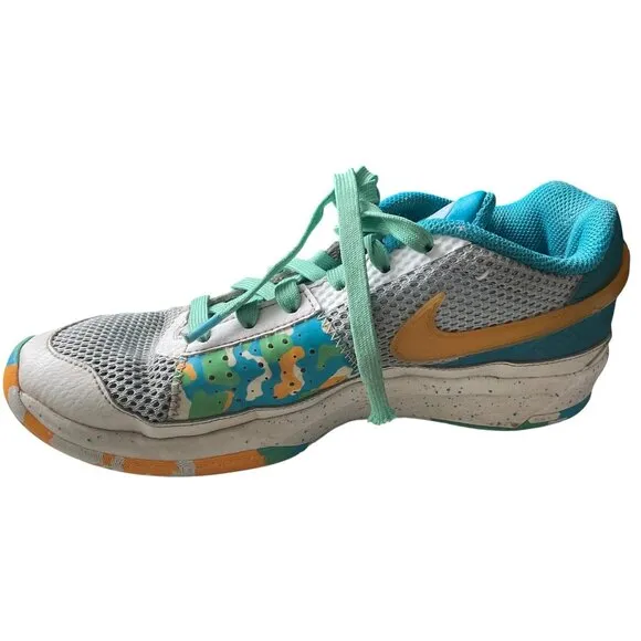 Nike Zoom Basketball Sneakers Size 6.5y Teal/Yellow/White Mesh &amp; Leather Low-Top