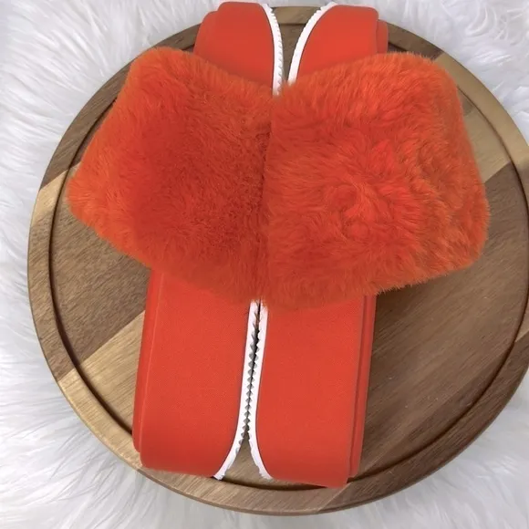 NINE WEST l Fuzzy Orange Platform Slider Sandals New! Size 8
