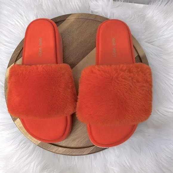 NINE WEST l Fuzzy Orange Platform Slider Sandals New! Size 8