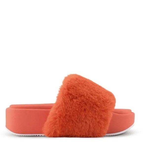 NINE WEST l Fuzzy Orange Platform Slider Sandals New! Size 8